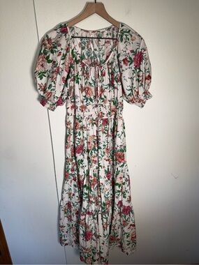 ANTHROPOLOGIE charming floral maxi milk maid style puff sleeve romantic dress XS